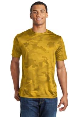 A model wearing a yellow camo-patterned T-shirt with short sleeves, featuring a logo.