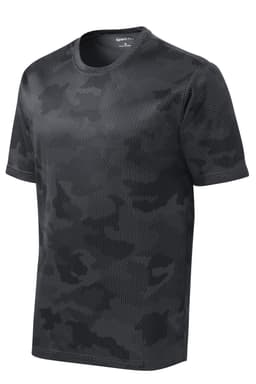 A black camo-patterned T-shirt with a round neckline, featuring a small logo.