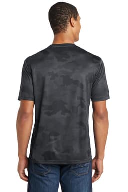 A black camo-patterned T-shirt with a back view, featuring a logo. Suitable for casual wear.