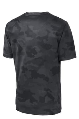 A black camo-patterned T-shirt featuring a mesh texture, with a logo present on the fabric.