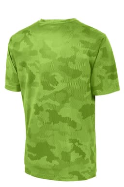 A green camo-patterned T-shirt featuring a mesh texture and a logo on the back.
