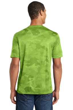 A green camo-patterned t-shirt with short sleeves, featuring a logo on the back.