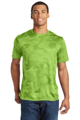 A green camo-patterned T-shirt with short sleeves, featuring a logo on the chest.