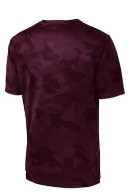 A maroon camo-patterned T-shirt featuring a logo on the back. The fabric appears breathable and lightweight.
