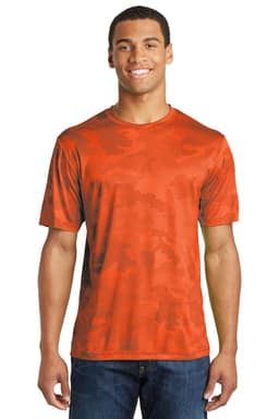 An orange camo-patterned t-shirt, featuring a round neck and short sleeves, displayed on a male model.