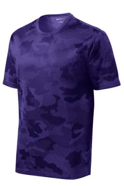 A purple camo-patterned T-shirt featuring a logo on the neckline. Made from breathable material.