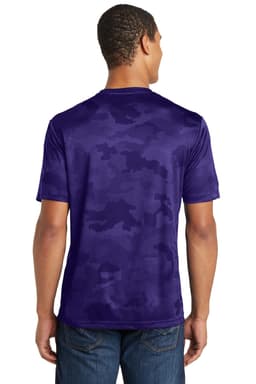 A purple camo patterned T-shirt with short sleeves, featuring a logo on the back.