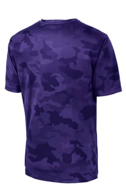 A purple camo-patterned T-shirt featuring a logo. The back is designed with a hexagonal mesh texture.