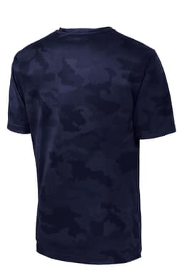 A navy blue Sport-Tek CamoHex Tee featuring a camouflage pattern, with a logo on the back.