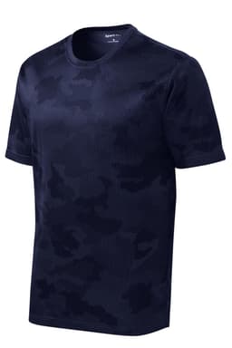 A navy camo-patterned T-shirt with a crew neck and short sleeves, featuring a logo on the label.