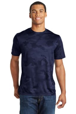 A navy blue short-sleeve T-shirt featuring a camouflage pattern and a logo on the chest.
