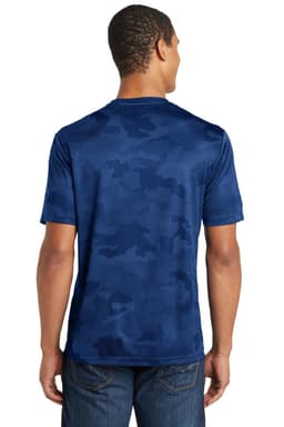 A navy blue Sport-Tek CamoHex Tee featuring a camouflage pattern on the back and a logo.