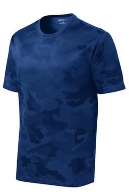 A navy blue, breathable t-shirt with a camo pattern and a logo on the chest.