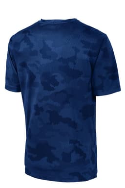 A navy blue camo-patterned T-shirt featuring a logo on the back. The fabric appears sporty and breathable.