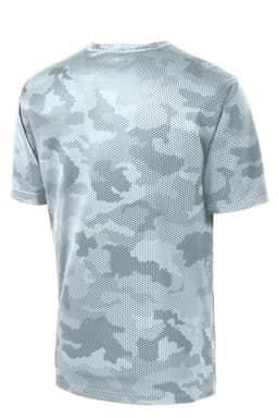 A grey camo-patterned tee featuring a mesh texture and a branded logo on the back.