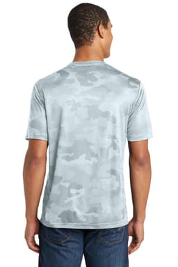 A grey camo-patterned t-shirt with short sleeves, featuring a logo on the back.