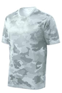 A grey camouflage T-shirt with a mesh pattern. The shirt has a logo and a round neck design.