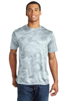 A light blue camo-patterned T-shirt featuring a logo, modelled by a man, standing against a white background.