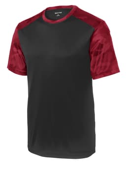 A black and maroon Sport-Tek CamoHex Colorblock Tee with mesh sleeves and a logo. Ideal for casual wear.