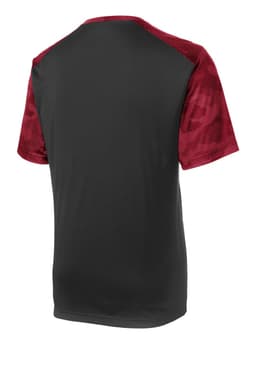 A black and maroon Sport-Tek CamoHex Colorblock Tee with a logo on the back.