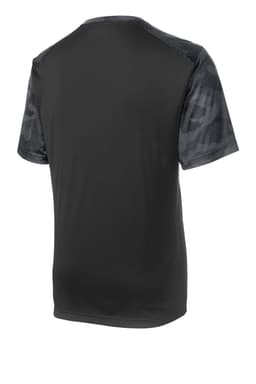 A black Sport-Tek CamoHex Colorblock Tee featuring a camo-patterned design on the shoulders. Includes a logo.