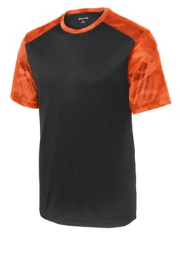 A black and orange camo-patterned T-shirt with mesh sleeves and a logo on the neckline.