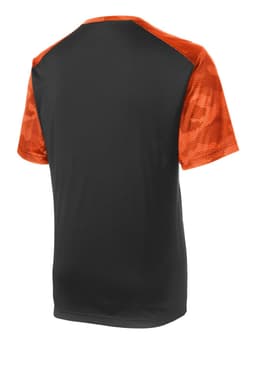 A CamoHex Colorblock Tee featuring a black body and orange camo-patterned sleeves, with a logo on the back.