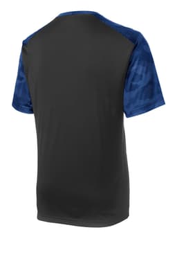 A black and blue camo patterned T-shirt with short sleeves and a logo on the back.