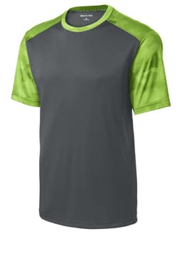 A short-sleeved T-shirt featuring a grey body and bright green mesh sleeves, with a logo on the neck.