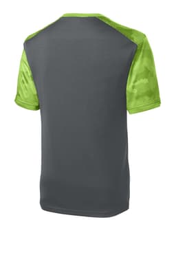 A grey and neon green Sport-Tek CamoHex Colorblock Tee with a mesh texture on the sleeves and back.