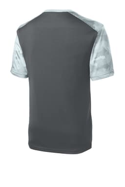 A grey t-shirt featuring camo hex pattern sleeves and a solid back, with a logo on the front.