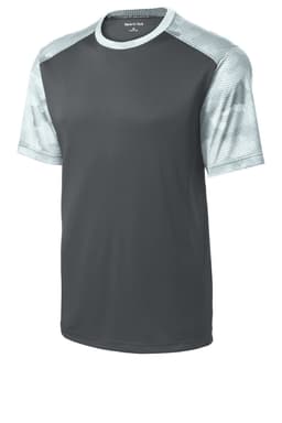 A grey Sport-Tek CamoHex Colourblock Tee with patterned light grey sleeves and a logo on the collar.