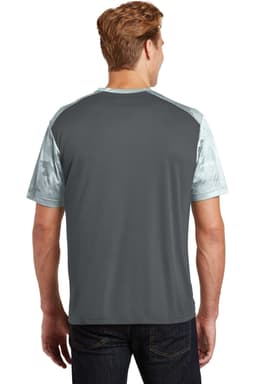 A back view of a Sport-Tek CamoHex Colorblock Tee in grey with light grey accents and a logo.