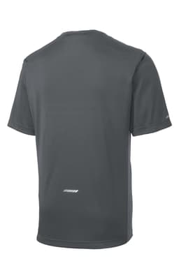 A grey T-shirt featuring short sleeves and a small logo on the back. Suitable for sports and casual wear.
