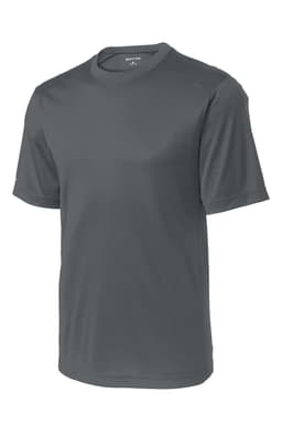 A grey short-sleeve athletic T-shirt with a logo on the sleeve.