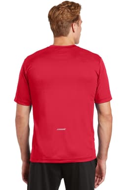 A red Sport-Tek PosiCharge Elevate Tee featuring short sleeves and a logo on the back.