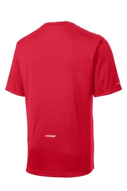 A red Sport-Tek PosiCharge Elevate Tee featuring a logo, showcasing a back view of the t-shirt.