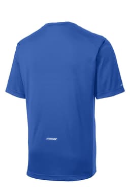 A blue Sport-Tek PosiCharge Elevate Tee featuring a simple design and a logo on the back.