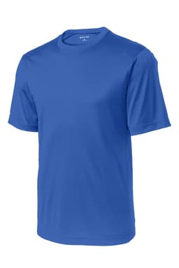 A blue Sport-Tek PosiCharge Elevate Tee, short-sleeved, featuring a logo on the fabric.