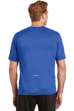 A blue Sport-Tek PosiCharge Elevate Tee, featuring a logo, viewed from the back.