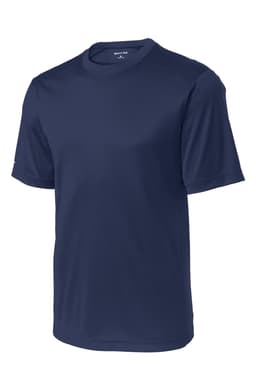 A navy blue short-sleeve T-shirt featuring a logo. Made from moisture-wicking fabric for athletic wear.