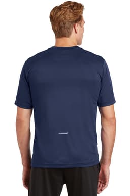 A navy blue men's t-shirt with short sleeves and a logo on the back.
