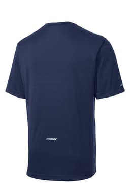 A navy blue Sport-Tek PosiCharge Elevate Tee, featuring a logo, viewed from the back.