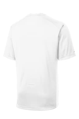 A white Sport-Tek PosiCharge Elevate Tee featuring short sleeves and a back view, with a branding logo.