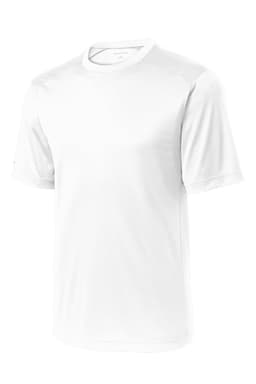 A white Sport-Tek PosiCharge Elevate Tee, featuring short sleeves and a logo.