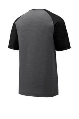 A grey and black Sport-Tek PosiCharge Tri-Blend Wicking Raglan Tee with a raglan sleeve design and a logo.
