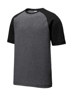 A grey tri-blend t-shirt with black raglan sleeves, featuring a logo on the front.