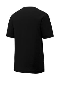 A black raglan t-shirt with a simple design and a back view, featuring a logo.