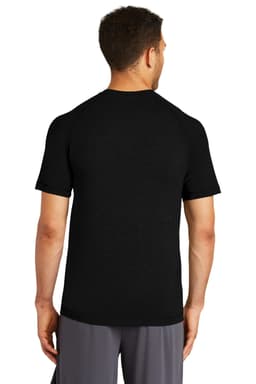 A black Sport-Tek PosiCharge Tri-Blend Wicking Raglan Tee displayed from the back, featuring a fitted design.