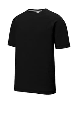 A black tri-blend raglan tee with a relaxed fit and short sleeves, featuring a logo.